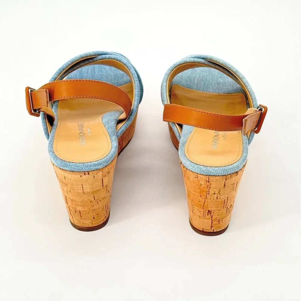 Marion Parke Maren Wedge Sandal Blue Denim Caramel Leather Cork IT 38 US 8